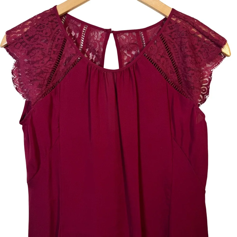 WHBM 100%‎ Silk Top XS Tunic Length Burgundy Delicate Lace Cap Sleeve Keyhole